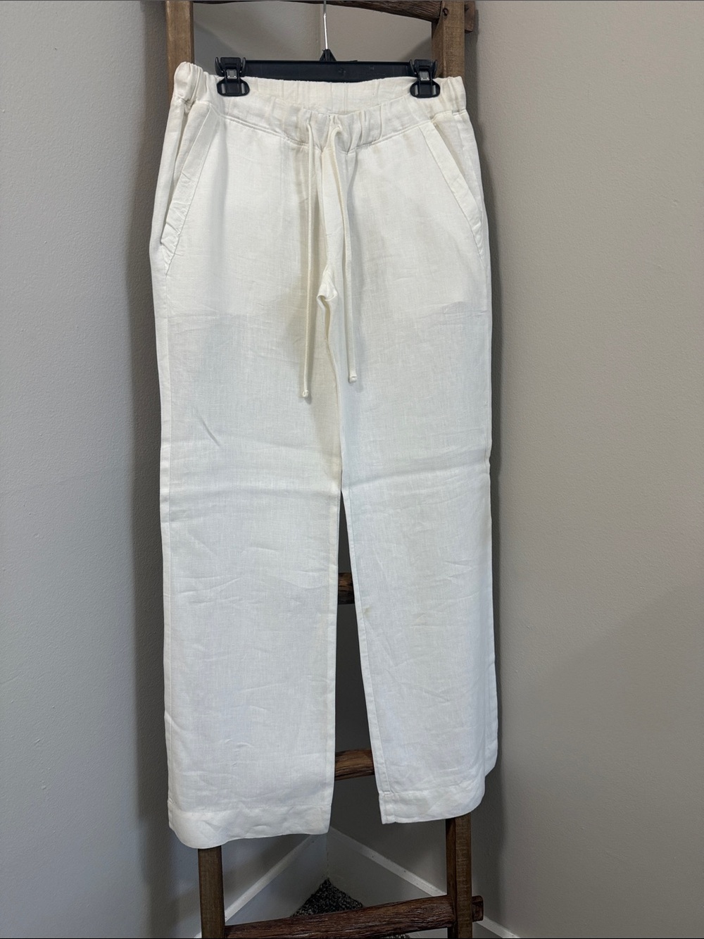 James Perse Cream Wide-Leg Drawstring Linen Pants
